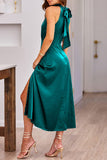 Elegant Simplicity Solid Slit Halter Sleeveless Dress Dresses