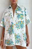 Sweet Floral Pocket Turndown Collar Short Sleeve Two Pieces