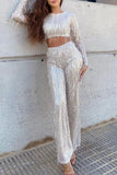 Sexy Solid Tassel Sequins Sequined O Neck Long Sleeve Two Pieces