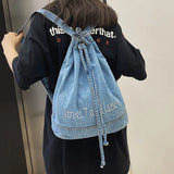 UAKISS  -  Denim Drawstring women Backpack Big Capacity Casual Cotton Women Backpacks Travel Shoulder Bags School bag Rucksac bagpack blue