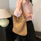 UAKISS  -  Summer Hollow Out Straw Bags for Women Handmade Beach Bags 2024 Korean Fashion Rattan Woven Handbags Travel Shoulder Bags