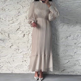 UAKISS  -  New Spring Autumn Women's Long Pleated Party Dress 2024 Female Commuting O Neck Office Dresses Elegant Casual Evening Maxi Dress