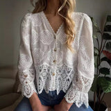 UAKISS  -  Temperament 2024 Chiffon V-neck Blouse Blusa New Spring Floral Embroidery Long Sleeve Cardigan Women Causal Lace Stitching Tops