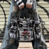 UAKISS  -  Plaid Y2k Womens Shoulder Bag Canvas Punk Chains Fashion Tote Bag Aesthetic Harajuku Style Casual Commuter Female Handbag