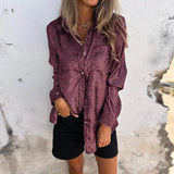 UAKISS  -  Women Casual Suede Fashionable Lapel Shirt Spring Elegant Single Breasted Office Blouse Autumn Long Sleeve Loose Long Tops Mujer