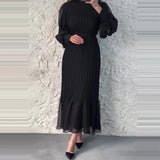 UAKISS  -  New Spring Autumn Women's Long Pleated Party Dress 2024 Female Commuting O Neck Office Dresses Elegant Casual Evening Maxi Dress