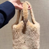 UAKISS  -  Winter Tote Bag for Women Plush Bucket Bags Luxury Design Faux Fur Handbags Lamb Wool Shoulder Bag Fluffy Top Handle Bag Purse