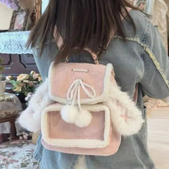 Uakiss Corduroy Kawaii Pink Pain Backpacks Rabbit Ears Spliced Japanese Ita Bag Transparent Pocket Lolita Plush Backpack Y2k Girls Bags