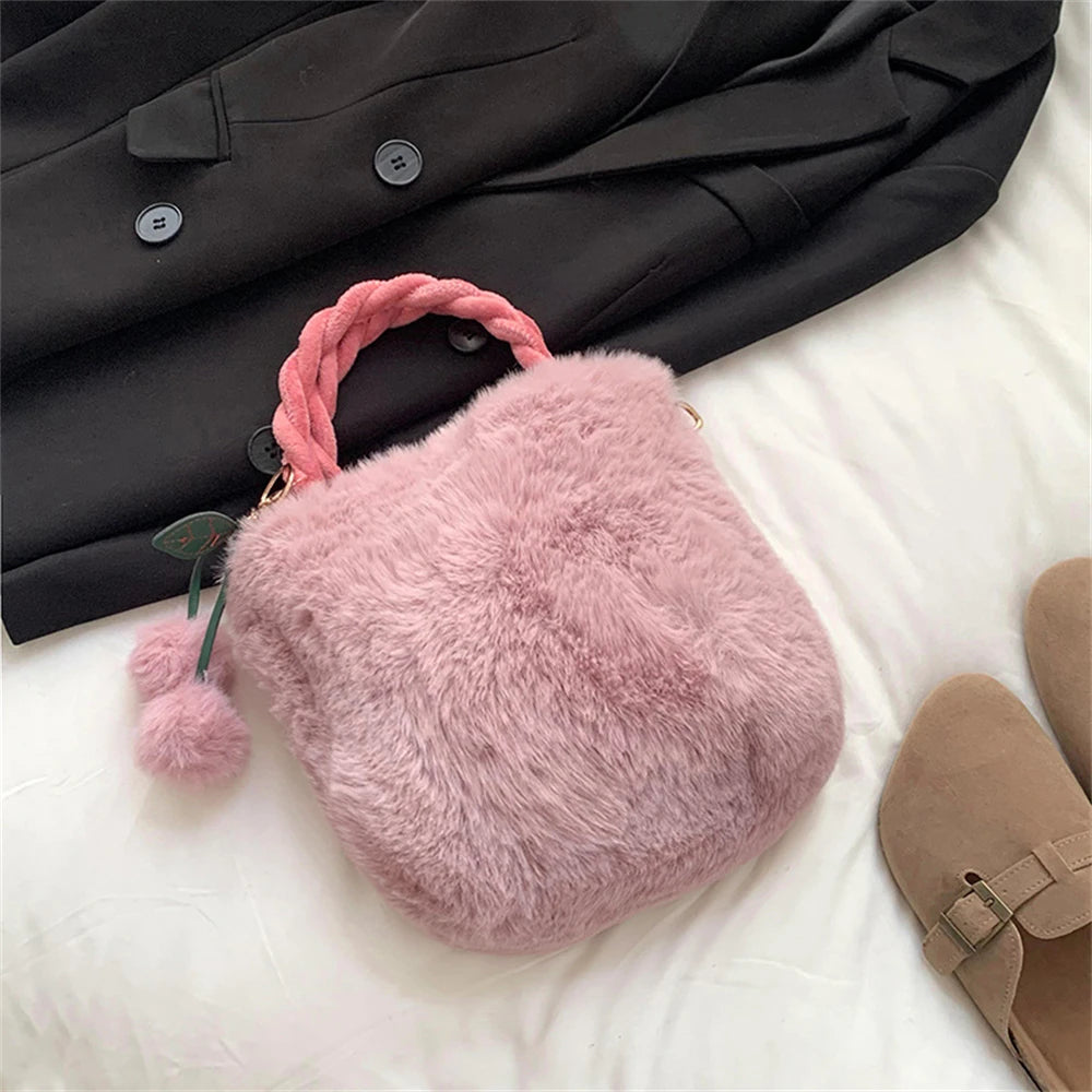 UAKISS  -  Winter Fluffy Small Square Shopping Bag 2024 New Ladies Faux Rabbit Handbag  Plush Cherry Trinket Shoulder Bags Chain Crossbody