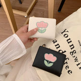 UAKISS  -   Korean Fashion Womens Wallet Flower Tulips Embroidery Elegant Leather Cute Coin Purse Casual Gentle Female Aesthetic Bag