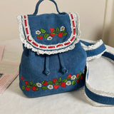 UAKISS  -  Denim Strawberry Flower Lace Backpack Casual Schoolbag Handbag Student Leisure Travel Commuter Backpack