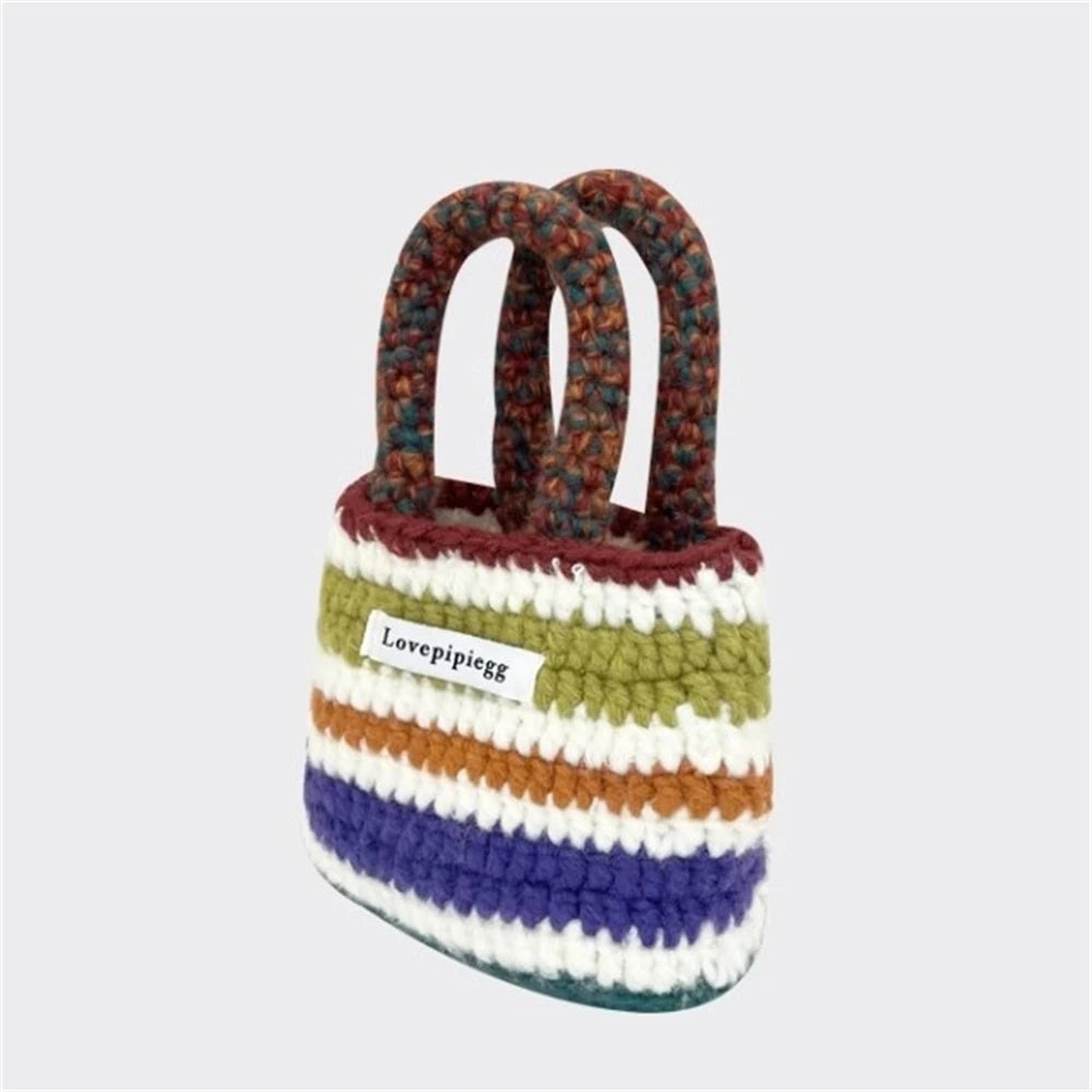 UAKISS  -  Women Chunky Wool Hand Knitting Handbag Rainbow Stripes Tote Weaving Shopping Bag Fashion Large Capacity Crossbody Shoulder Bag