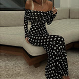 UAKISS  -  2024 Spring Polka Dot Print Slim Bodycon Long Dress Women Sexy Slash Neck Draped Party Dress Summer Off Shoulder Boho Maxi Dress