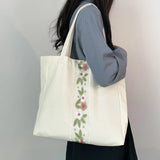 UAKISS  -  Retro Embroidery Flower Canvas Shoulder Bag for Women Large Capacity Cotton Travel Bags Eco Reusable Female Commute Tote Handbag