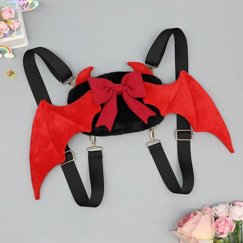 Uakiss Angel Cartoon Harajuku Backpacks Girls Devil Bat Wing Decor Hip Hop Plush Bags Bowknots Kawaii Lolita Cosplay Bags Japanese Bags