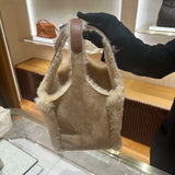 UAKISS  -  Winter Tote Bag for Women Plush Bucket Bags Luxury Design Faux Fur Handbags Lamb Wool Shoulder Bag Fluffy Top Handle Bag Purse