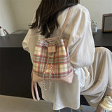 UAKISS  - Hot Selling Plaid Drawstring PU Fashionable Women's Backpack 2024 New Versatile High-quality Design Women's Shoulder Bag