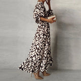 UAKISS  -  Casual Leopard Print Waist Women Long Dress 2024 Fashion V-neck Lantern Sleeve Split Party Dress Elegant Pleated Commuting Dress