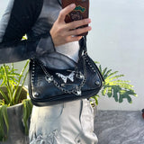 UAKISS  -  Y2k Black Shoulder Bag Skull Butterfly Applique Rivets Heart Chain Handbag American Style Hip Hop Punk Cool Underarm Bag