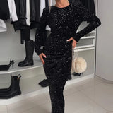 UAKISS  -  New Fashion O Neck Solid Maxi Dress Bow Hollow Backless Slim Women Party Dress Christmas Shiny Sequin Long Sleeved A-line Dress