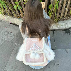 Uakiss Corduroy Kawaii Pink Pain Backpacks Rabbit Ears Spliced Japanese Ita Bag Transparent Pocket Lolita Plush Backpack Y2k Girls Bags