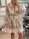 UAKISS  -  Women Deep V-Neck Loose Party Dress, Spring Summer Loungewear Long Lantern Sleeve Mini Dress, New Sequins Patchwork Ladies Dress