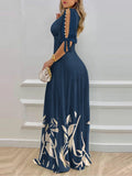 UAKISS  -  Elegant Women's Dresses Summer Fashion Split Sleeve Pearls Decor Plants Print Split Sleeve Casual V-Neck Half Sleeve Maxi Dress