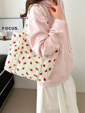 UAKISS  -  Fashion Large Capacity Corduroy Strawberry Print Tote Bag Elegant Casual Versatile Portable Women's Shoulder Bag