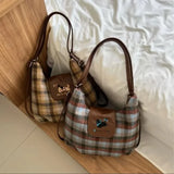 UAKISS  -  Cute Shoulder Bag for Women Cat Cartoon College Style Fashion Plaid Backpack Elegant Kawaii Embroidery New Female Tote Bag