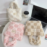 UAKISS  -  Women Fashion Checkered Furry Bucket Bag Winter Handbag Soft Plush Tote Bags