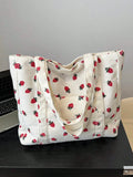 UAKISS  -  Fashion Large Capacity Corduroy Strawberry Print Tote Bag Elegant Casual Versatile Portable Women's Shoulder Bag