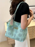 UAKISS  -  Women's Fashionable Commuter Tote Bag, Large Capacity Printed Green Shoulder Bag, Flower Pattern Women Handbag With Silk Scarf