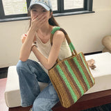 UAKISS  -  Straw Woven Handbags For Women Handmade Travel Seaside Beach Bag Summer New Handle Bucket Bag Shopping Tote Bag Basket Bolsa