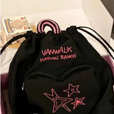 UAKISS  -  Vintage Star Trendy Letter Embroidery Backpacks Y2k Simple Preppy Drawstring Schoolbags Fashion Women Casual Travel Rucksacks