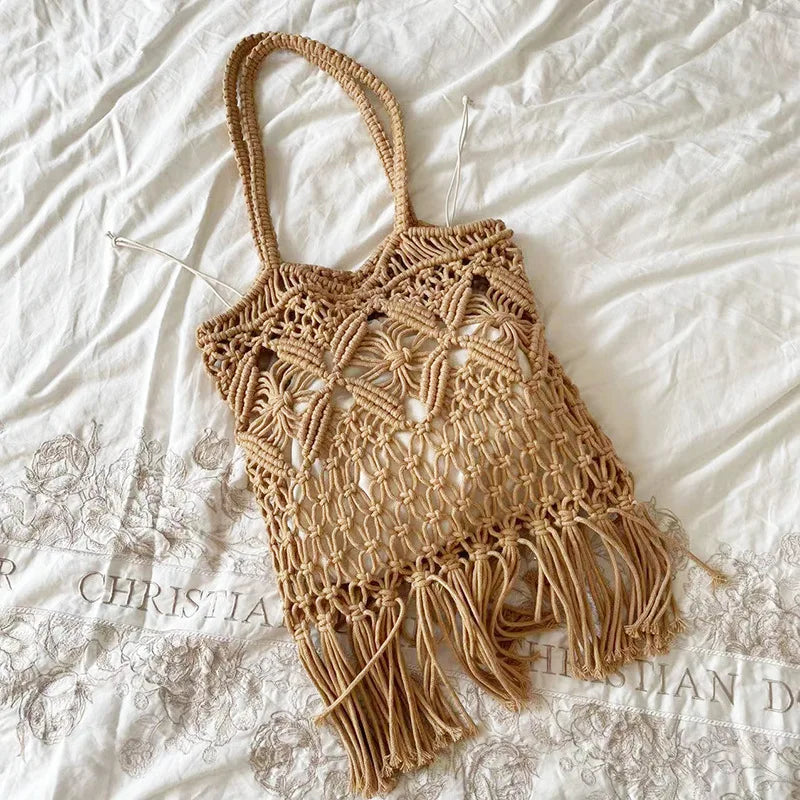 UAKISS  -  Casual Tassel Straw Shoulder Bag Female Handmade Woven Crossbody Bag Bohemian Kintted Lady Handbag Beach Bag Flap Bag sac