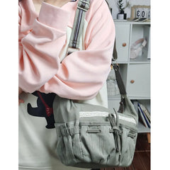 Uakiss Women Canvas Korean Shoulder Bags Lace Bows Casual Square Handbags High Capacity Student Messenger Bags Big Pockets Harajuku Bag