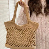 UAKISS  - Spring New Grass Woven Shoulder Bag Fashionable Large Capacity Knitting Women's Handbag Shoulder Bag Casual Tote Zipper Tote Bag