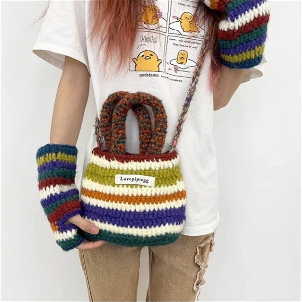 UAKISS  -  Women Chunky Wool Hand Knitting Handbag Rainbow Stripes Tote Weaving Shopping Bag Fashion Large Capacity Crossbody Shoulder Bag