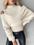 UAKISS  -  Overlap Hollow Out Sweater Women Knit Pullovers Turtleneck Tops Cross Jumpers Woman Clothing Sexy Cold Shoulder Top Sweaters