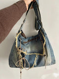 UAKISS  -  Washed Denim Jeans Casual Totes for Women Shoulder Bags Soft Student Large Capacity Vintage Shopping Bag Female Handbags