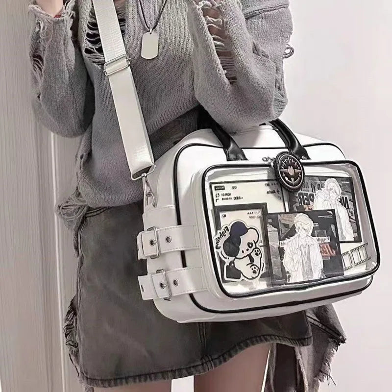 Uakiss Transparent Japanese Y2k Black Ita Bags PU Leather Harajuku Jk Uniform Shoulder Bags High Capacity Kawaii Messenger Bags Girls