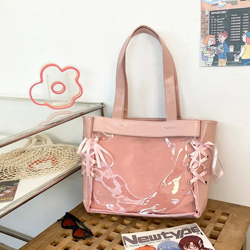 Uakiss JK Uniform Tote Bags Women Harajuku Transparent Detachable Shoulder Bag Subculture Sweet Girls Ribbon DIY Ita Bolso Mujer