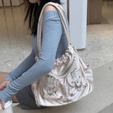 UAKISS  -  Y2k White Shoulder Bag for Women Pleated Soft Autumn 2024 New Trendy Tote Bag Multi-pocketed Large Capacity Handbag Sac