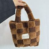 UAKISS  -  Women Fashion Checkered Furry Bucket Bag Winter Handbag Soft Plush Tote Bags