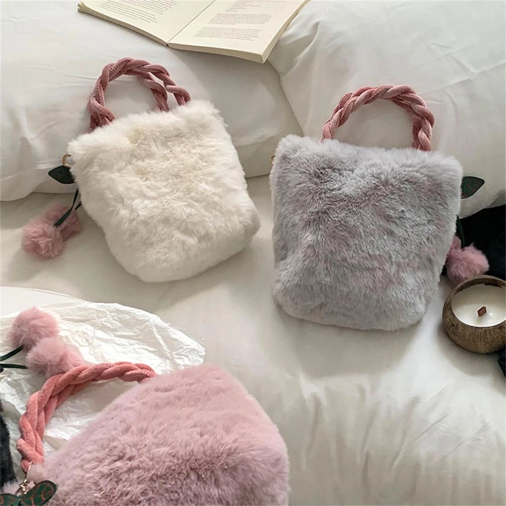 UAKISS  -  Winter Fluffy Small Square Shopping Bag 2024 New Ladies Faux Rabbit Handbag  Plush Cherry Trinket Shoulder Bags Chain Crossbody