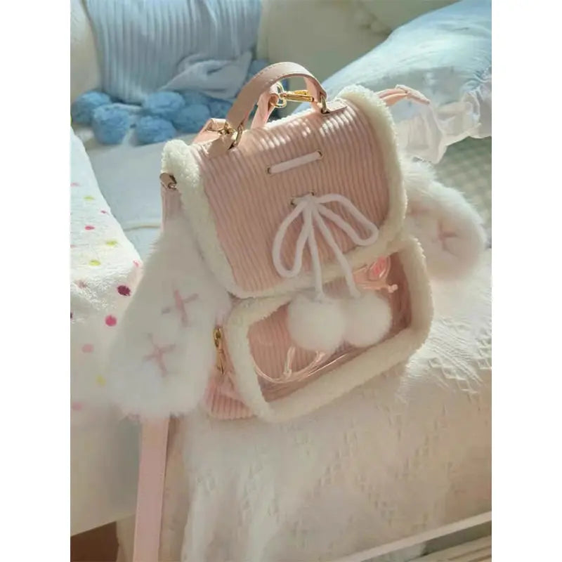 Uakiss Pink Small Backpacks for Women Rabbit Ears Cute Corduroy Lolita Jk Ita Bag Transparent Plush Kawaii Female Aesthetic Bags