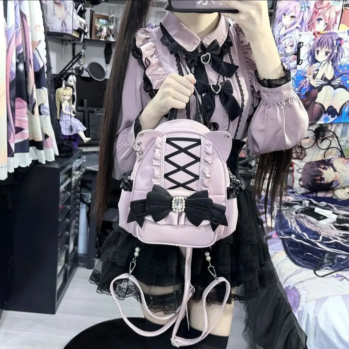 UAKISS  -  Harajuku Aesthetic Mini Backpack Women Sweet Cute Lace Bow Chic Cat Y2k Backpacks Student Japanese Mochila Aesthetic