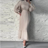 UAKISS  -  New Spring Autumn Women's Long Pleated Party Dress 2024 Female Commuting O Neck Office Dresses Elegant Casual Evening Maxi Dress