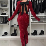 UAKISS  -  New Fashion O Neck Solid Maxi Dress Bow Hollow Backless Slim Women Party Dress Christmas Shiny Sequin Long Sleeved A-line Dress