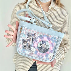 Uakiss Transparent Pockets Japanese Ita Handbags Plaid Print JK Shoulder Bag Bow Harajuku Kawaii Bag High-capacity Lolita Girl Tote Bag